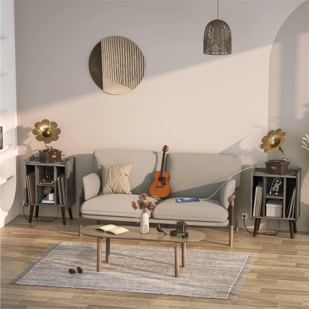 Unikito Record Player Stand, Vinyl Turntable Stand with Power Outlet and USB Charging Port, Record Display Table with Storage, Audio Rack, Turntable Nightstand for Bedroom, Living Room