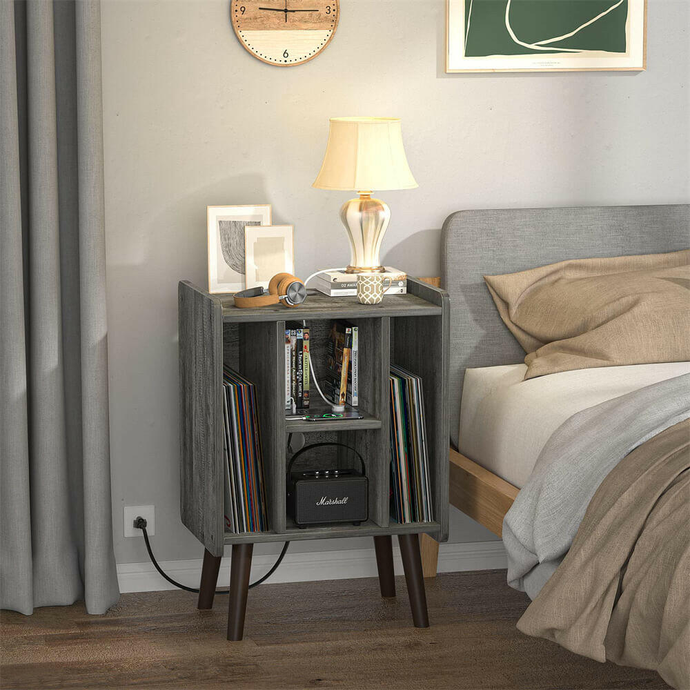 Unikito Record Player Stand, Vinyl Turntable Stand with Power Outlet and USB Charging Port, Record Display Table with Storage, Audio Rack, Turntable Nightstand for Bedroom, Living Room