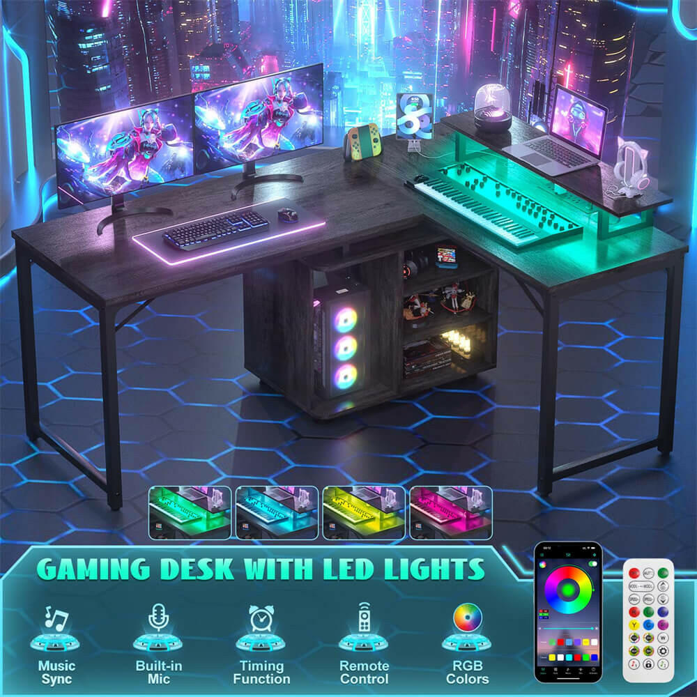 Unikito L Shaped Computer Desk, 58'' Reversible Gaming Desk with LED Strip & Adjustable Monitor Stand, Office Desk with Cabinet & Power Outlets, Corner Desk 2 Person Long Writing Study Table