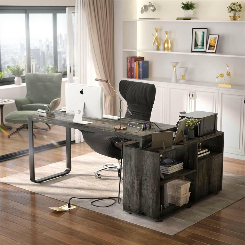 Unikito L Shaped Desk with File Cabinet & Power Outlet, Reversible 55 Inch Large Corner Computer Desks with LED Strip, L-Shaped Computer Desk with Drawers and Storage Shelves