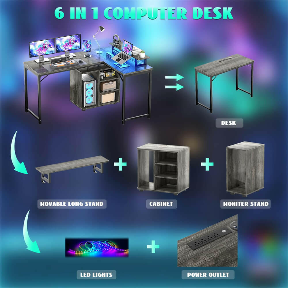 Unikito L Shaped Computer Desk, 58'' Reversible Gaming Desk with LED Strip & Adjustable Monitor Stand, Office Desk with Cabinet & Power Outlets, Corner Desk 2 Person Long Writing Study Table