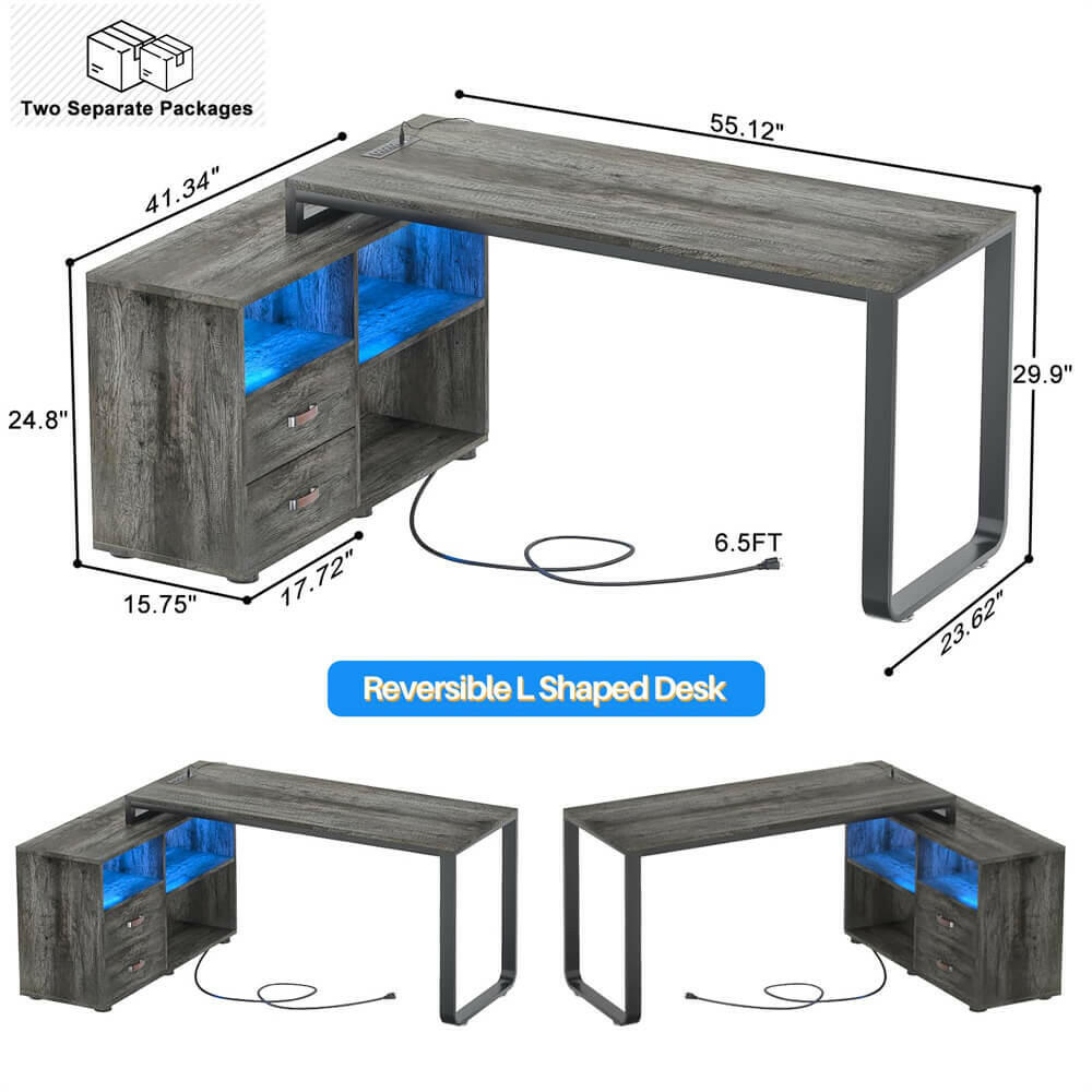 Unikito L Shaped Desk with File Cabinet & Power Outlet, Reversible 55 Inch Large Corner Computer Desks with LED Strip, L-Shaped Computer Desk with Drawers and Storage Shelves