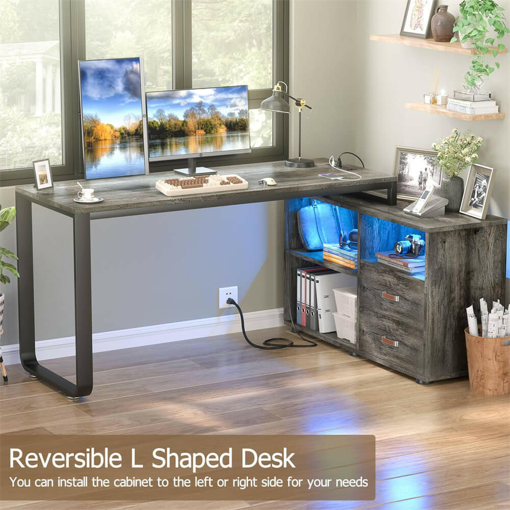 Unikito L Shaped Desk with File Cabinet & Power Outlet, Reversible 55 Inch Large Corner Computer Desks with LED Strip, L-Shaped Computer Desk with Drawers and Storage Shelves
