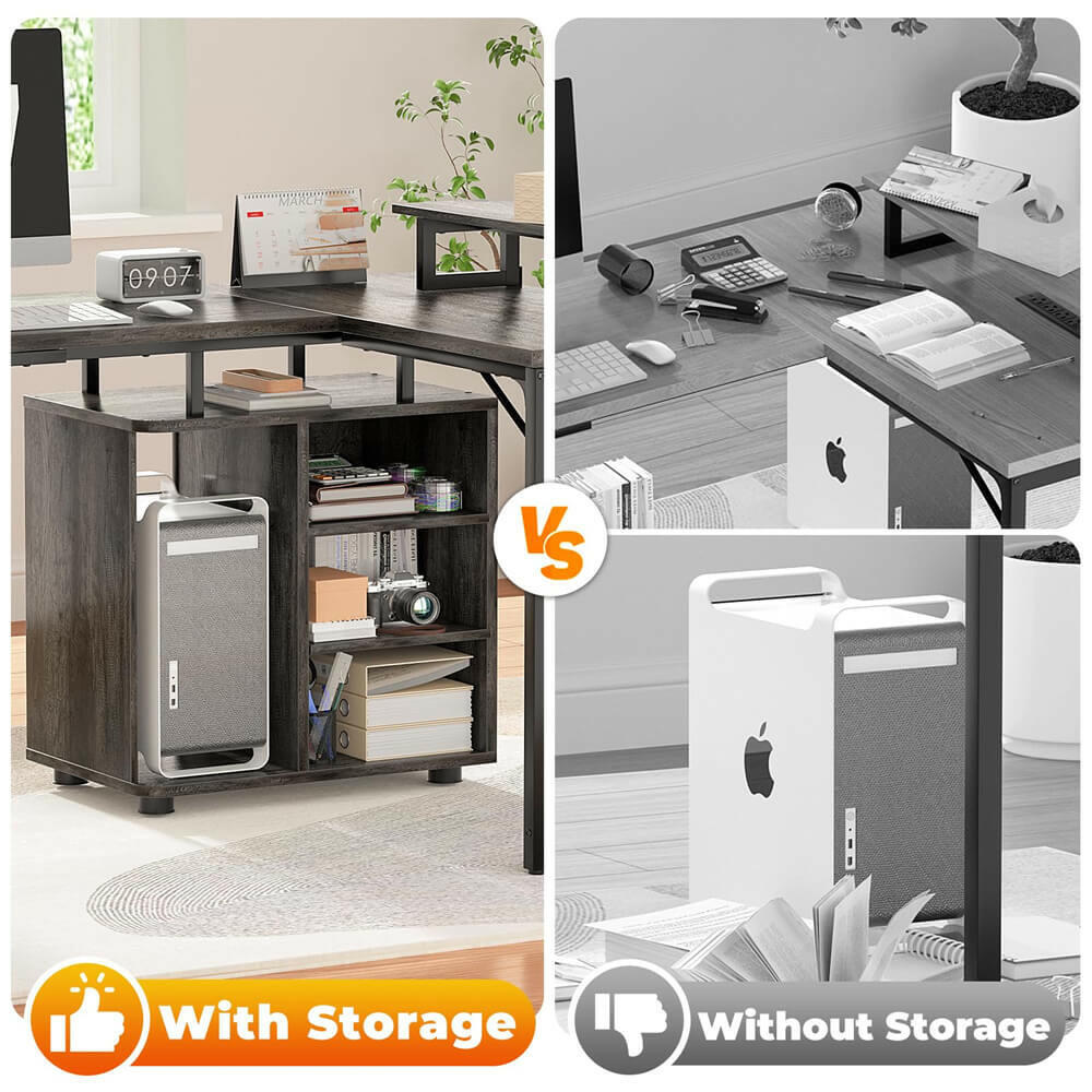 Unikito L Shaped Computer Desk, 58'' Reversible Gaming Desk with LED Strip & Adjustable Monitor Stand, Office Desk with Cabinet & Power Outlets, Corner Desk 2 Person Long Writing Study Table