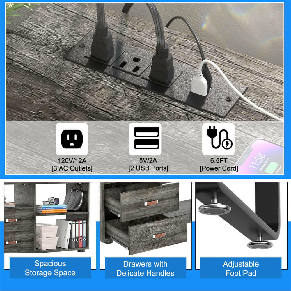 Unikito L Shaped Desk with File Cabinet & Power Outlet, Reversible 55 Inch Large Corner Computer Desks with LED Strip, L-Shaped Computer Desk with Drawers and Storage Shelves