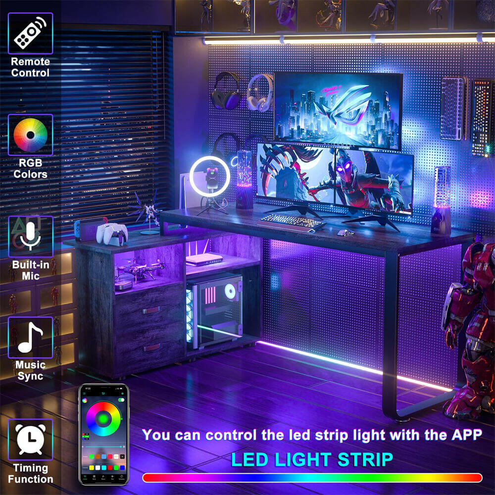 Unikito L Shaped Desk with File Cabinet & Power Outlet, Reversible 55 Inch Large Corner Computer Desks with LED Strip, L-Shaped Computer Desk with Drawers and Storage Shelves