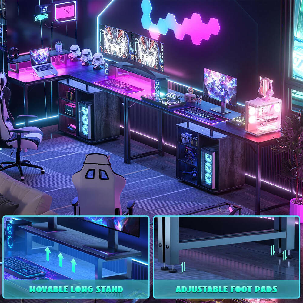 Unikito L Shaped Computer Desk, 58'' Reversible Gaming Desk with LED Strip & Adjustable Monitor Stand, Office Desk with Cabinet & Power Outlets, Corner Desk 2 Person Long Writing Study Table