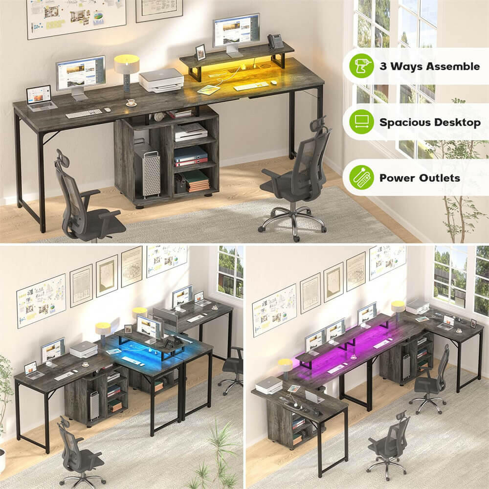 Unikito L Shaped Computer Desk, 58'' Reversible Gaming Desk with LED Strip & Adjustable Monitor Stand, Office Desk with Cabinet & Power Outlets, Corner Desk 2 Person Long Writing Study Table