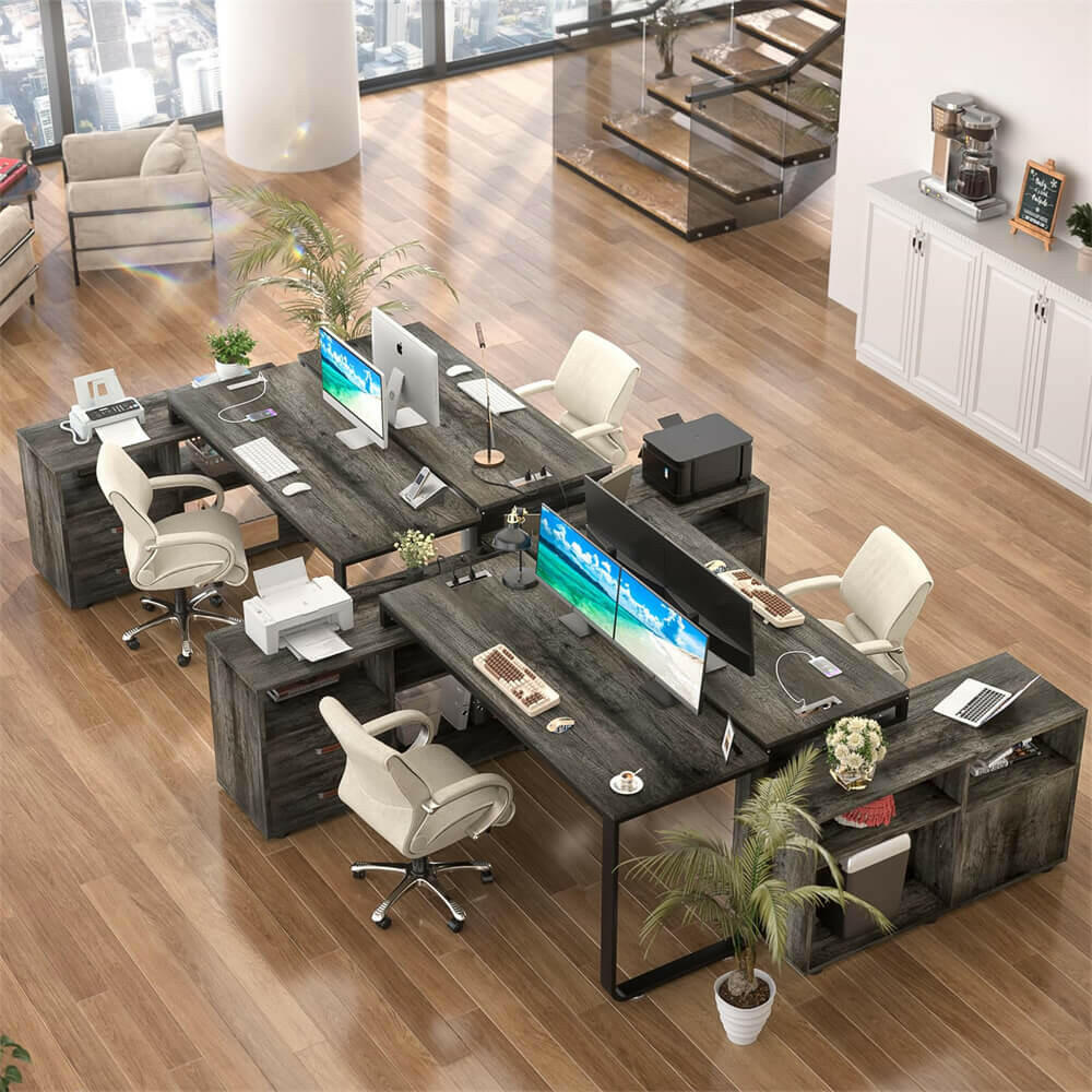 Unikito L Shaped Desk with File Cabinet & Power Outlet, Reversible 55 Inch Large Corner Computer Desks with LED Strip, L-Shaped Computer Desk with Drawers and Storage Shelves