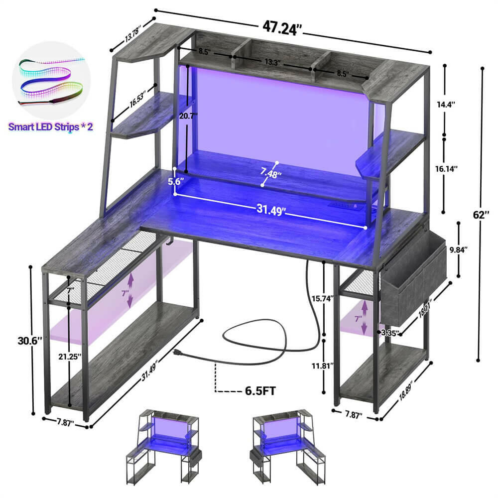 Unikito L Shaped Gaming Desk with Hutch & Shelves, 47'' Gaming Computer Desk with LED Lights & Power Strips, Reversible PC Gaming Desk L Shape with Storage, L Desk for Gaming with Monitor Stand
