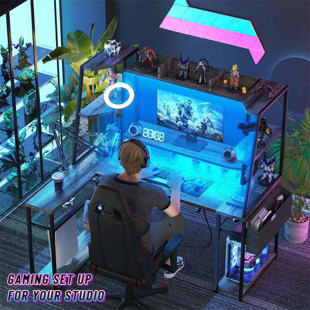 Unikito L Shaped Gaming Desk with Hutch & Shelves, 47'' Gaming Computer Desk with LED Lights & Power Strips, Reversible PC Gaming Desk L Shape with Storage, L Desk for Gaming with Monitor Stand