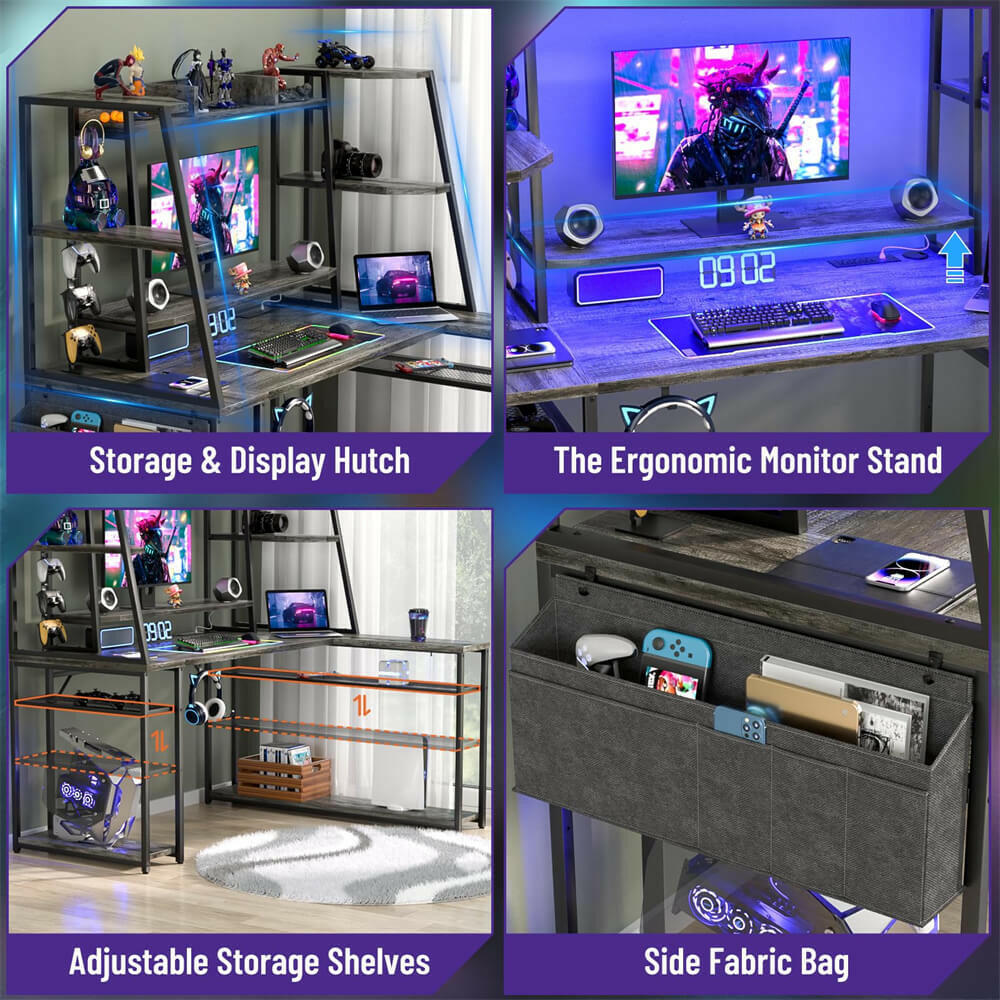 Unikito L Shaped Gaming Desk with Hutch & Shelves, 47'' Gaming Computer Desk with LED Lights & Power Strips, Reversible PC Gaming Desk L Shape with Storage, L Desk for Gaming with Monitor Stand