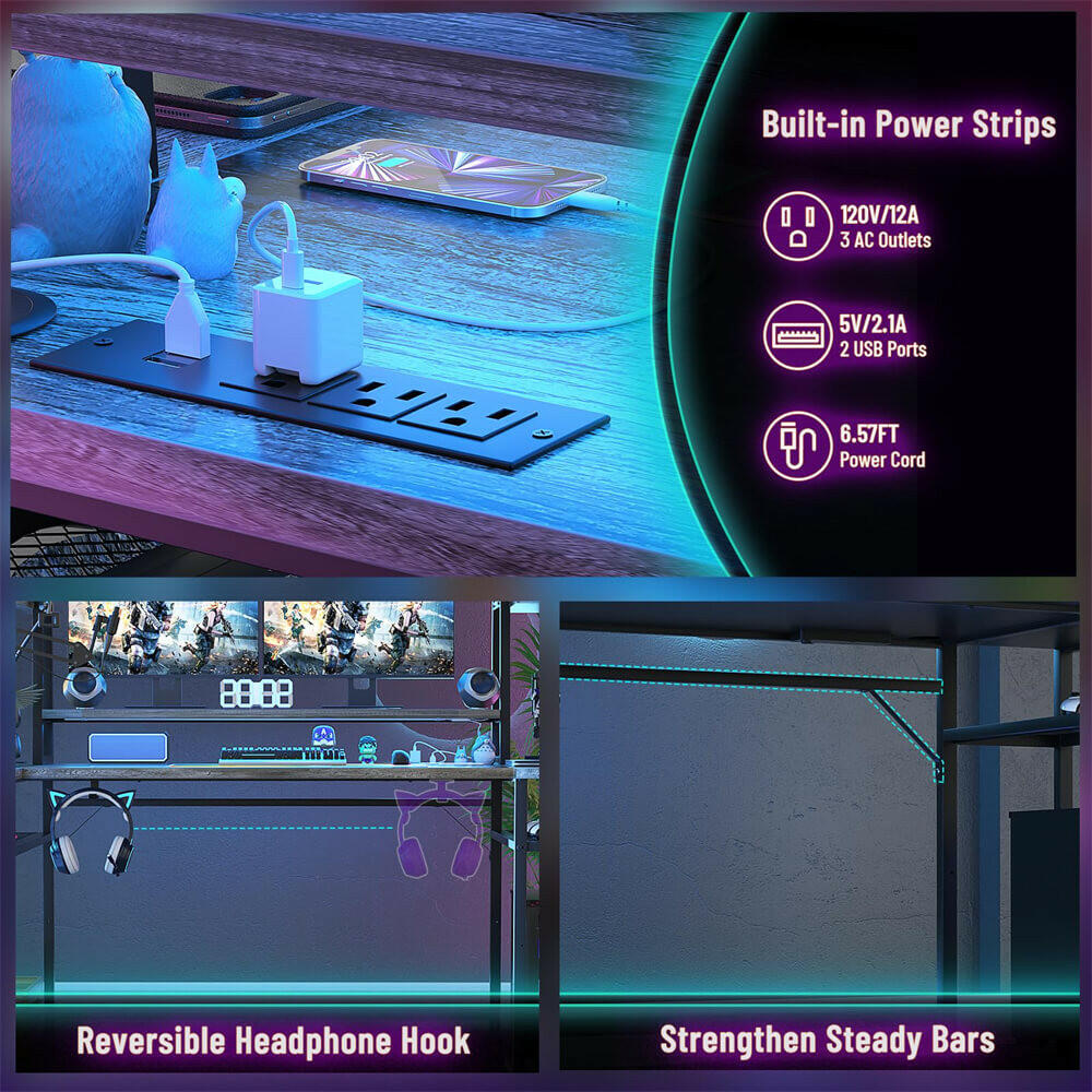 Unikito L Shaped Gaming Desk with Hutch & Shelves, 47'' Gaming Computer Desk with LED Lights & Power Strips, Reversible PC Gaming Desk L Shape with Storage, L Desk for Gaming with Monitor Stand