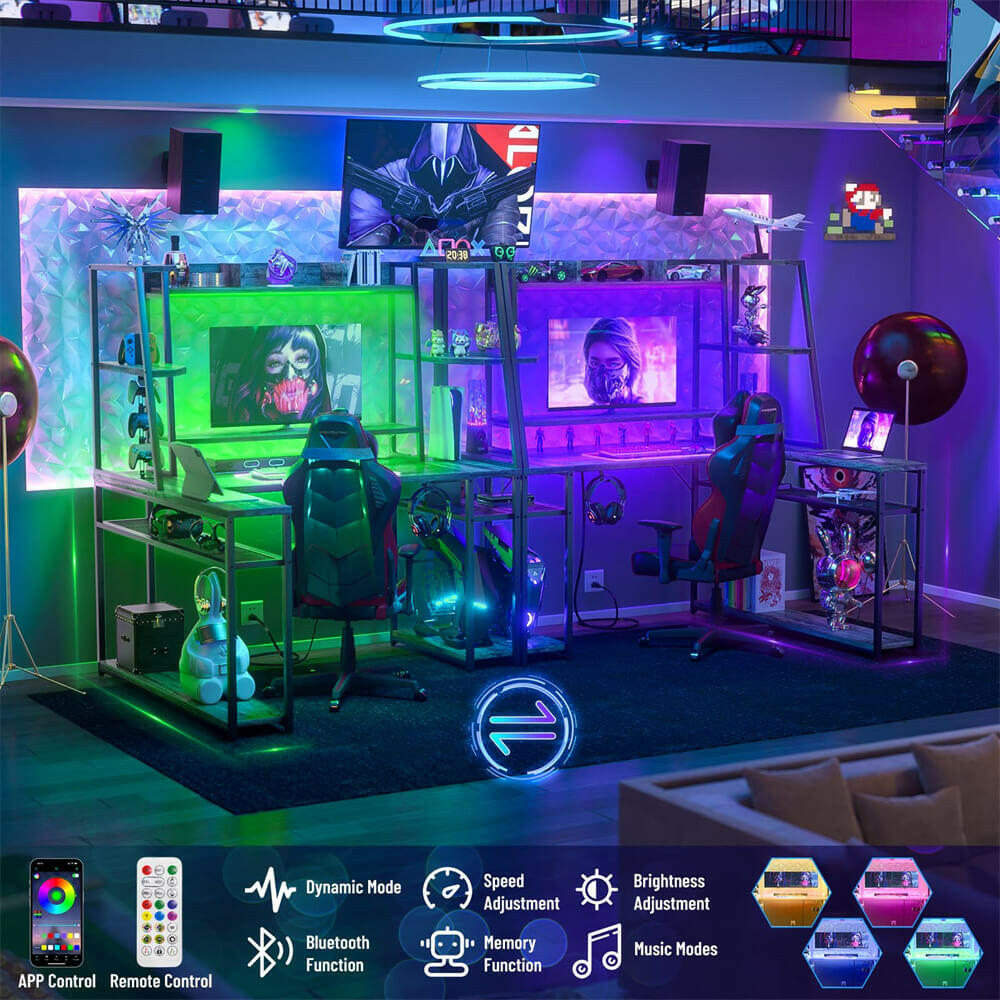 Unikito L Shaped Gaming Desk with Hutch & Shelves, 47'' Gaming Computer Desk with LED Lights & Power Strips, Reversible PC Gaming Desk L Shape with Storage, L Desk for Gaming with Monitor Stand