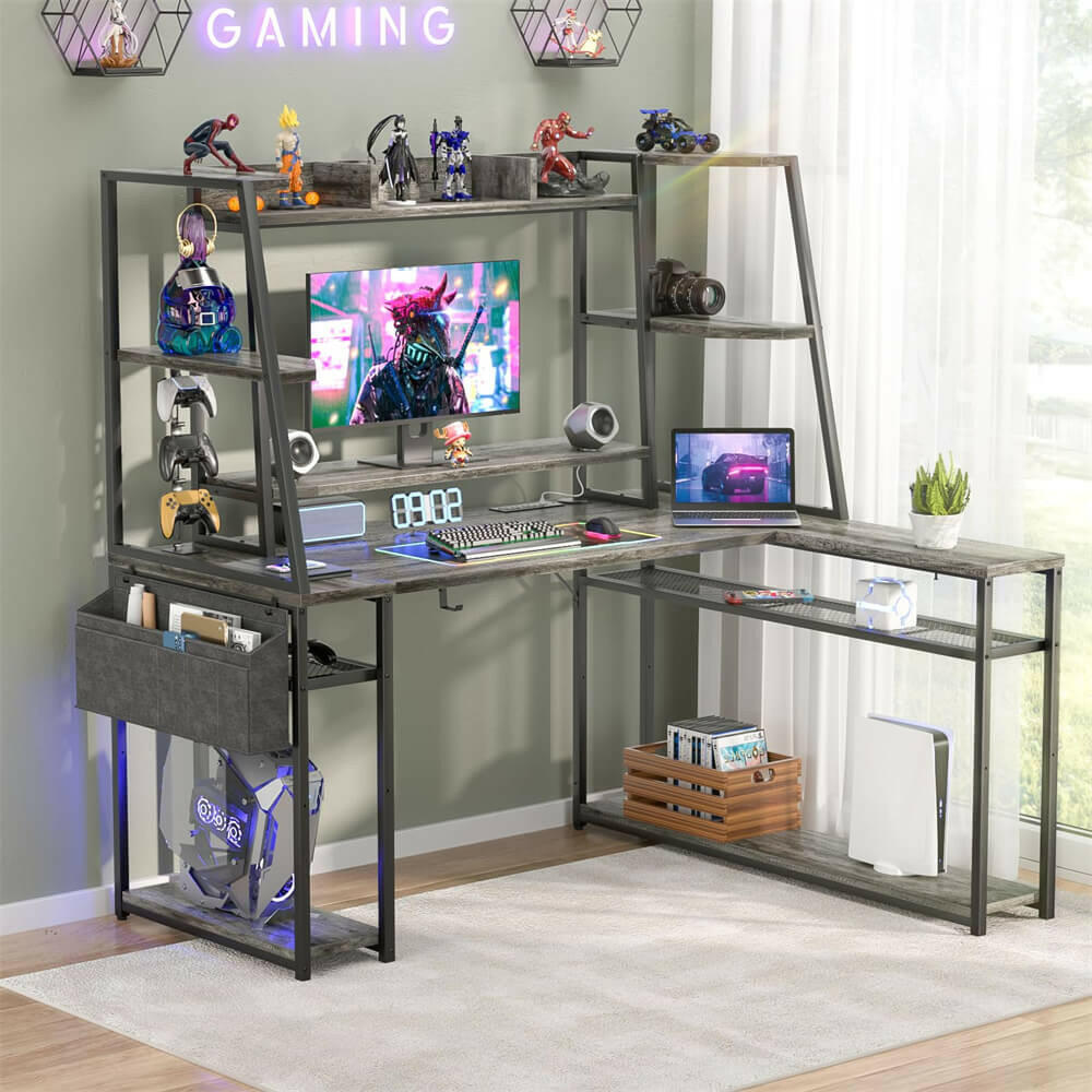 Unikito L Shaped Gaming Desk with Hutch & Shelves, 47'' Gaming Computer Desk with LED Lights & Power Strips, Reversible PC Gaming Desk L Shape with Storage, L Desk for Gaming with Monitor Stand