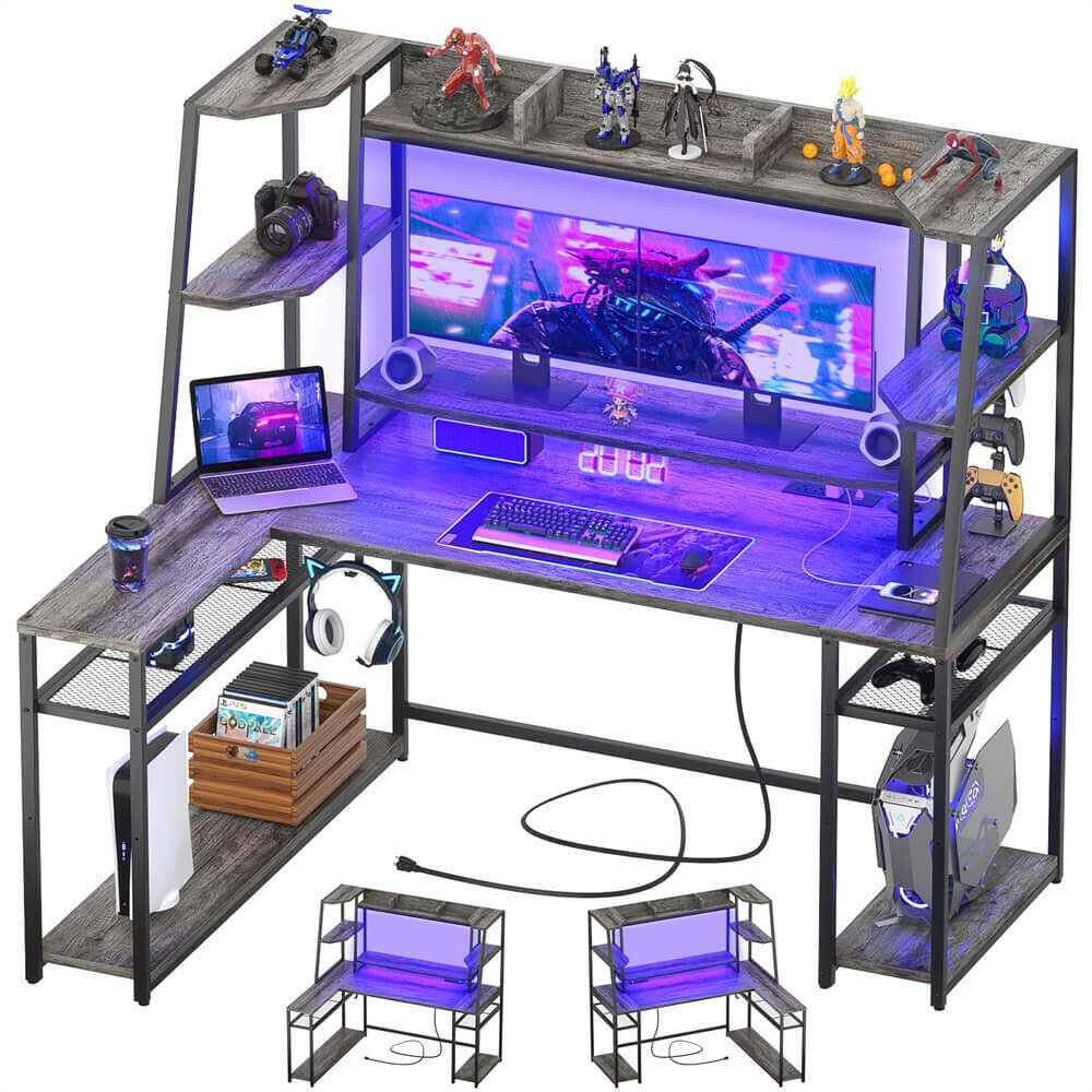 Unikito L Shaped Gaming Desk with LED Lights & Power Strips, 63'' Reversible Gaming Table Desk with Hutch, L-Shaped PC Gaming Desk with Storage, L Gamer Desk with Monitor Stand & Hook