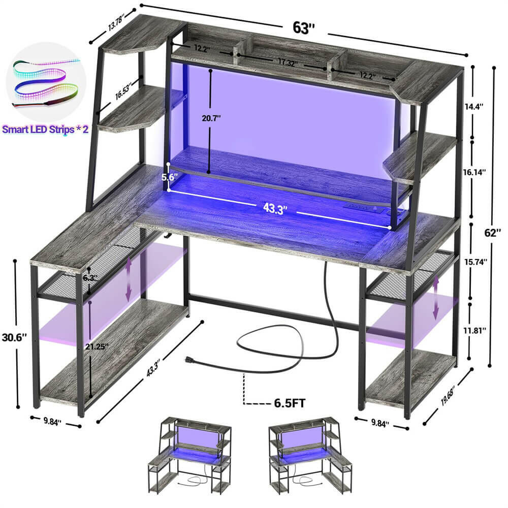 Unikito L Shaped Gaming Desk with LED Lights & Power Strips, 63'' Reversible Gaming Table Desk with Hutch, L-Shaped PC Gaming Desk with Storage, L Gamer Desk with Monitor Stand & Hook