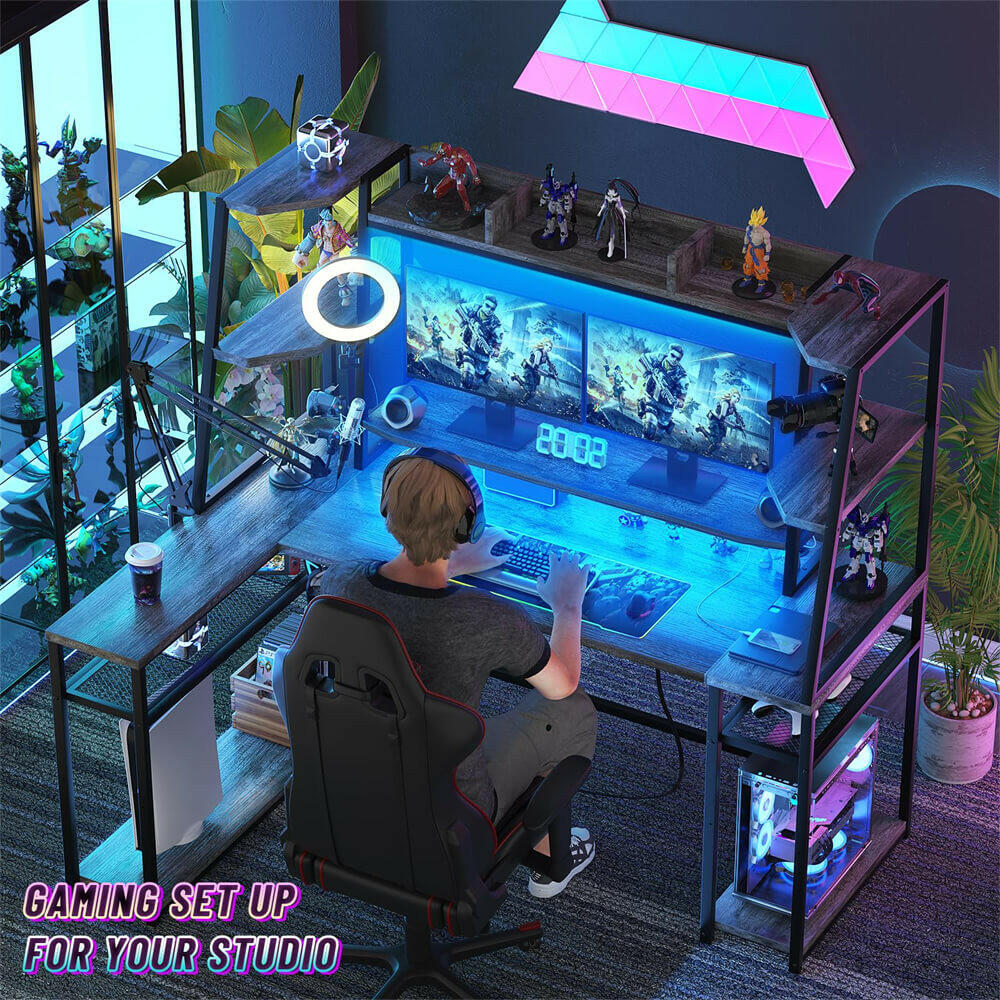Unikito L Shaped Gaming Desk with LED Lights & Power Strips, 63'' Reversible Gaming Table Desk with Hutch, L-Shaped PC Gaming Desk with Storage, L Gamer Desk with Monitor Stand & Hook