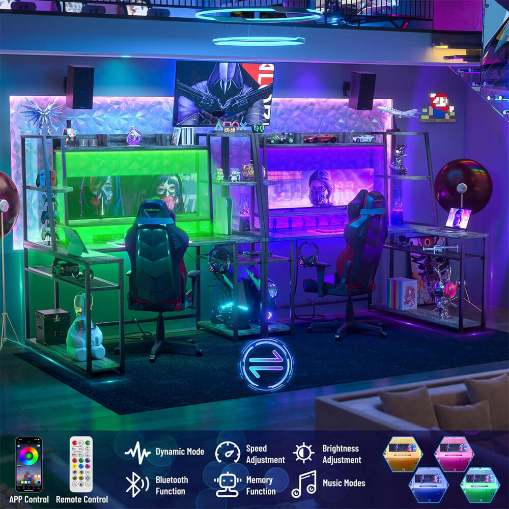 Unikito L Shaped Gaming Desk with LED Lights & Power Strips, 63'' Reversible Gaming Table Desk with Hutch, L-Shaped PC Gaming Desk with Storage, L Gamer Desk with Monitor Stand & Hook