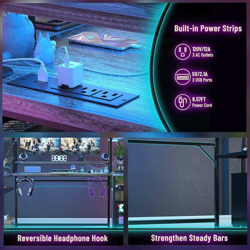 Unikito L Shaped Gaming Desk with LED Lights & Power Strips, 63'' Reversible Gaming Table Desk with Hutch, L-Shaped PC Gaming Desk with Storage, L Gamer Desk with Monitor Stand & Hook