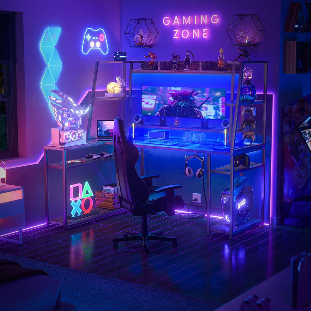 Unikito L Shaped Gaming Desk with LED Lights & Power Strips, 63'' Reversible Gaming Table Desk with Hutch, L-Shaped PC Gaming Desk with Storage, L Gamer Desk with Monitor Stand & Hook