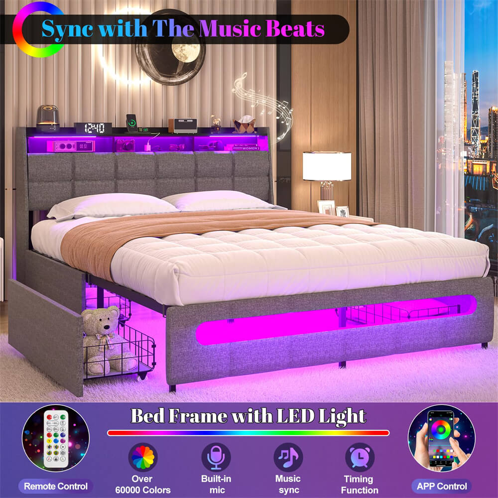 Queen Size Bed Frame with Drawers, Charging Station and LED Light, Upholstered Queen Bed Frame with Storage Headboard