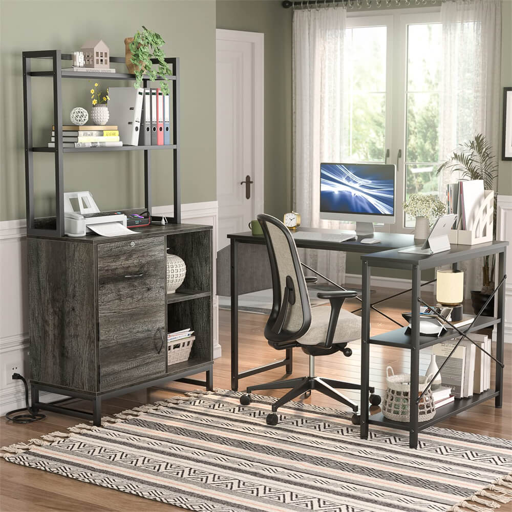 Vertical Filing Cabinet with Lock Drawers, Power Outlets and Shelf