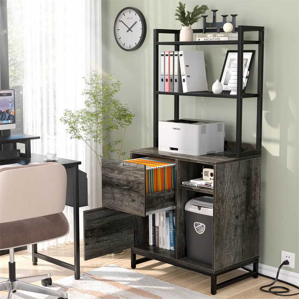 Vertical Filing Cabinet with Lock Drawers, Power Outlets and Shelf
