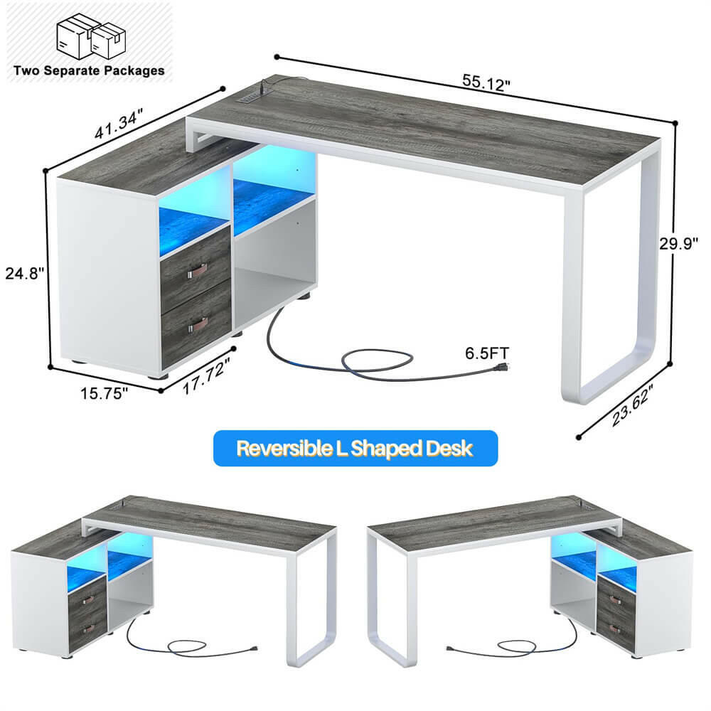 Unikito L Shaped Desk with File Cabinet & Power Outlet, Reversible 55 Inch Large Corner Computer Desks with LED Strip, L-Shaped Computer Desk with Drawers and Storage Shelves