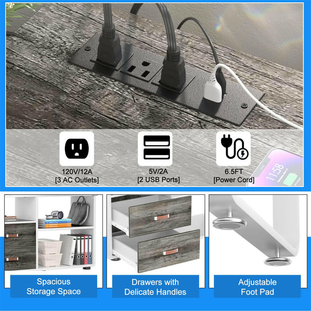 Unikito L Shaped Desk with File Cabinet & Power Outlet, Reversible 55 Inch Large Corner Computer Desks with LED Strip, L-Shaped Computer Desk with Drawers and Storage Shelves