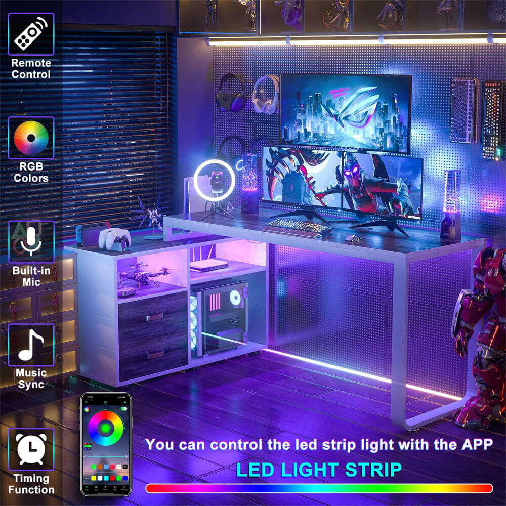 Unikito L Shaped Desk with File Cabinet & Power Outlet, Reversible 55 Inch Large Corner Computer Desks with LED Strip, L-Shaped Computer Desk with Drawers and Storage Shelves