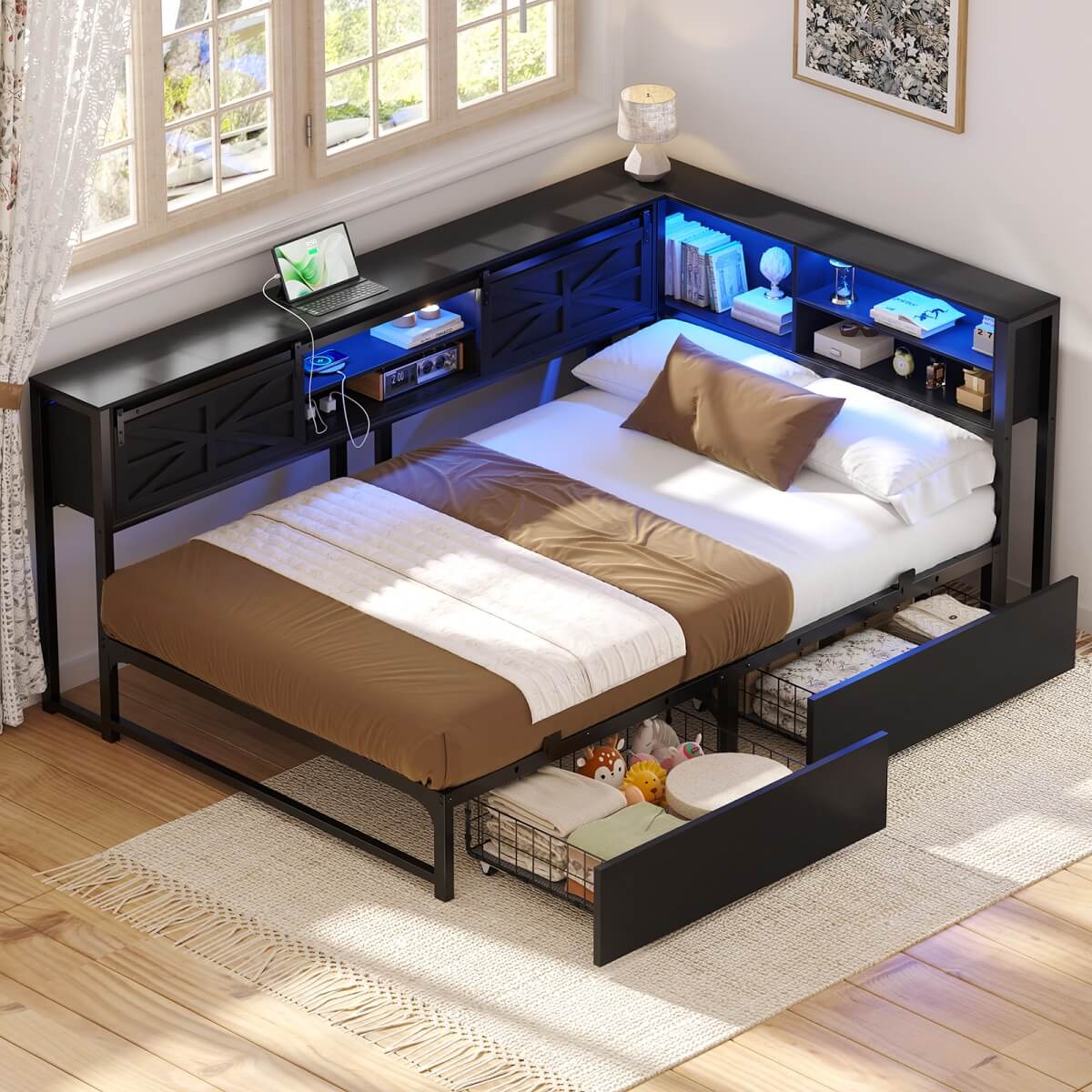 L-shaped Twin Daybed with Storage Headboard, 2 Darwers, Charging Station and LED Light