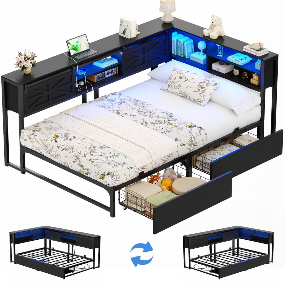 L-shaped Twin Daybed with Storage Headboard, 2 Darwers, Charging Station and LED Light