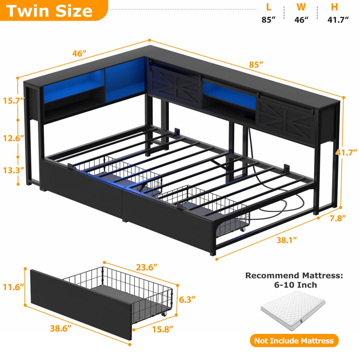 L-shaped Twin Daybed with Storage Headboard, 2 Darwers, Charging Station and LED Light