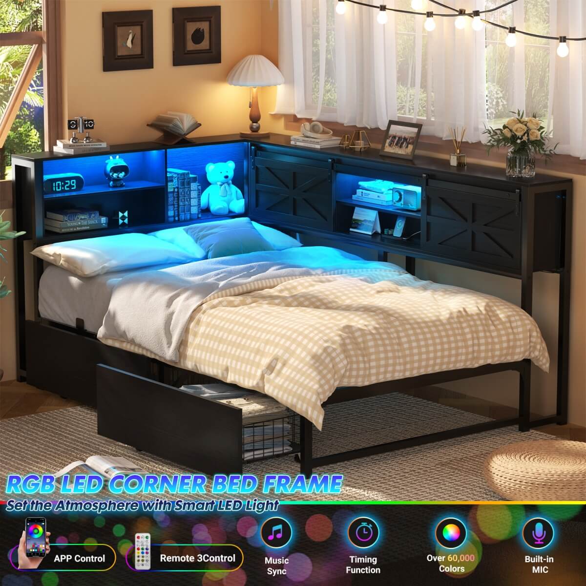 L-shaped Twin Daybed with Storage Headboard, 2 Darwers, Charging Station and LED Light