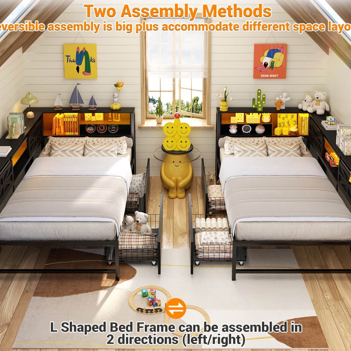 L-shaped Twin Daybed with Storage Headboard, 2 Darwers, Charging Station and LED Light