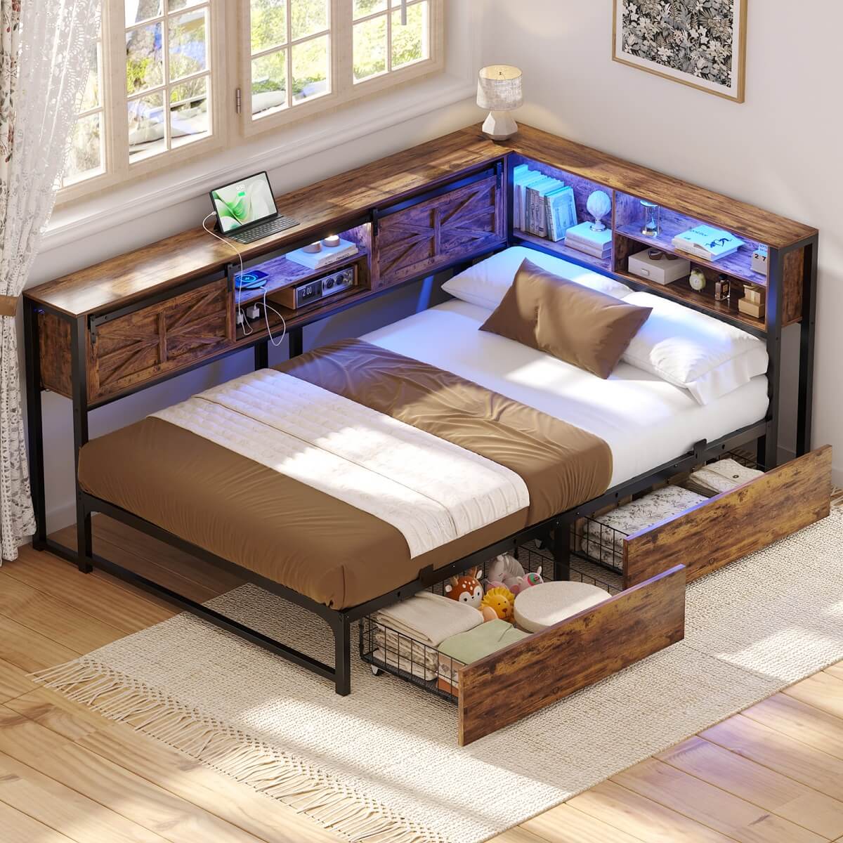 L-shaped Twin Daybed with Storage Headboard, 2 Darwers, Charging Station and LED Light