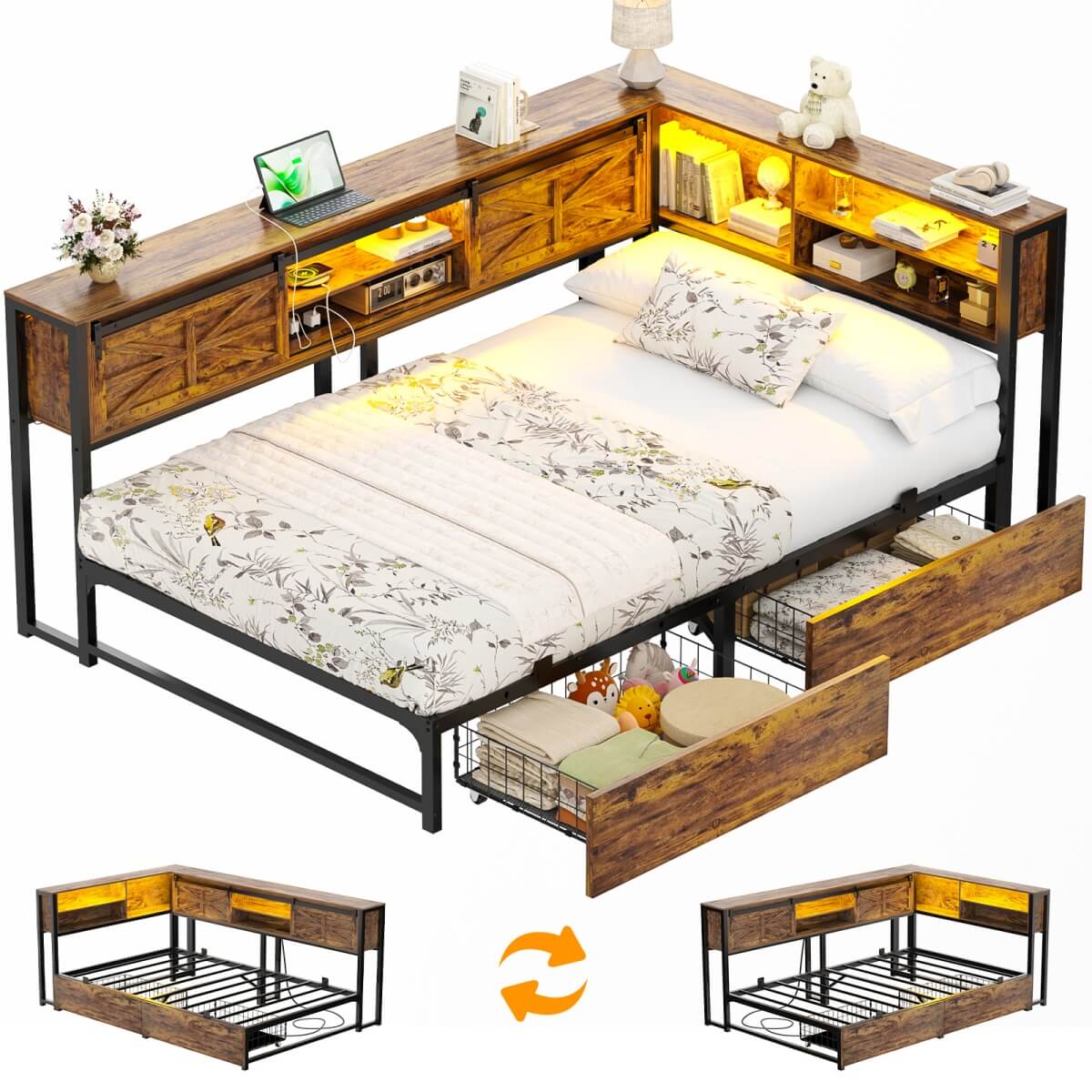 L-shaped Twin Daybed with Storage Headboard, 2 Darwers, Charging Station and LED Light