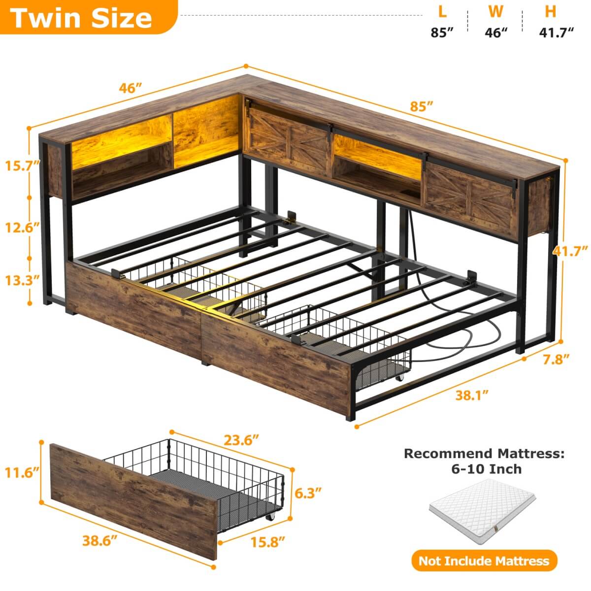 L-shaped Twin Daybed with Storage Headboard, 2 Darwers, Charging Station and LED Light