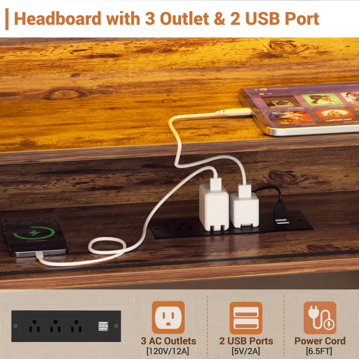 L-shaped Twin Daybed with Storage Headboard, 2 Darwers, Charging Station and LED Light