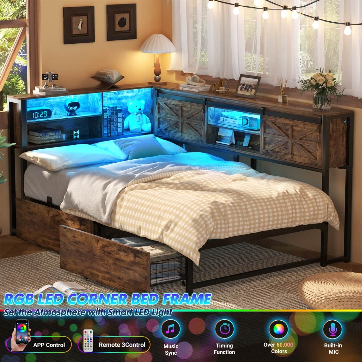 L-shaped Twin Daybed with Storage Headboard, 2 Darwers, Charging Station and LED Light