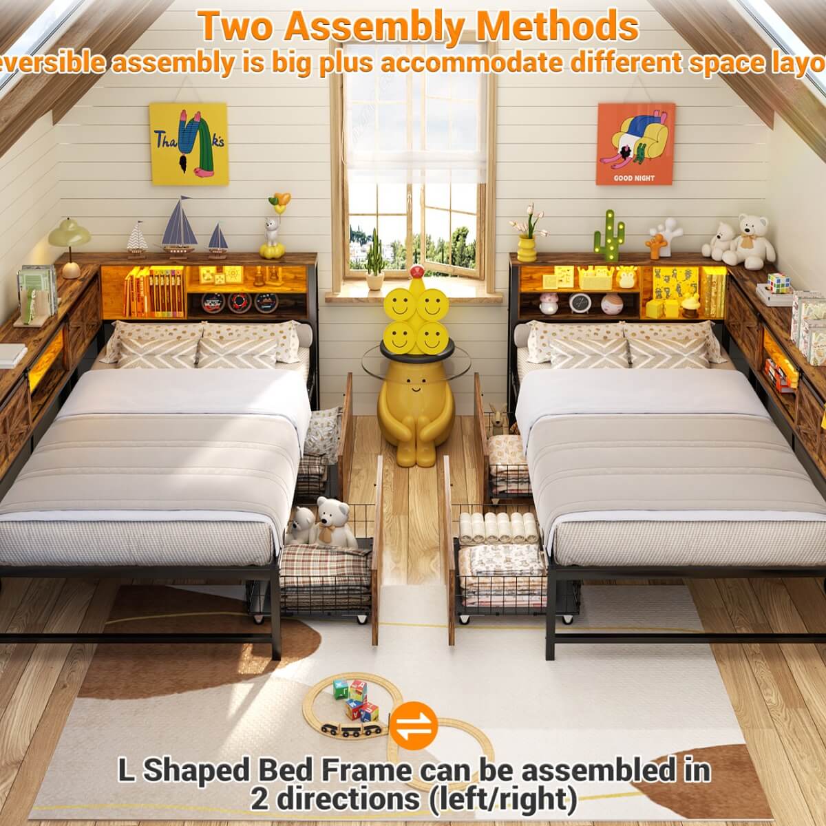 L-shaped Twin Daybed with Storage Headboard, 2 Darwers, Charging Station and LED Light