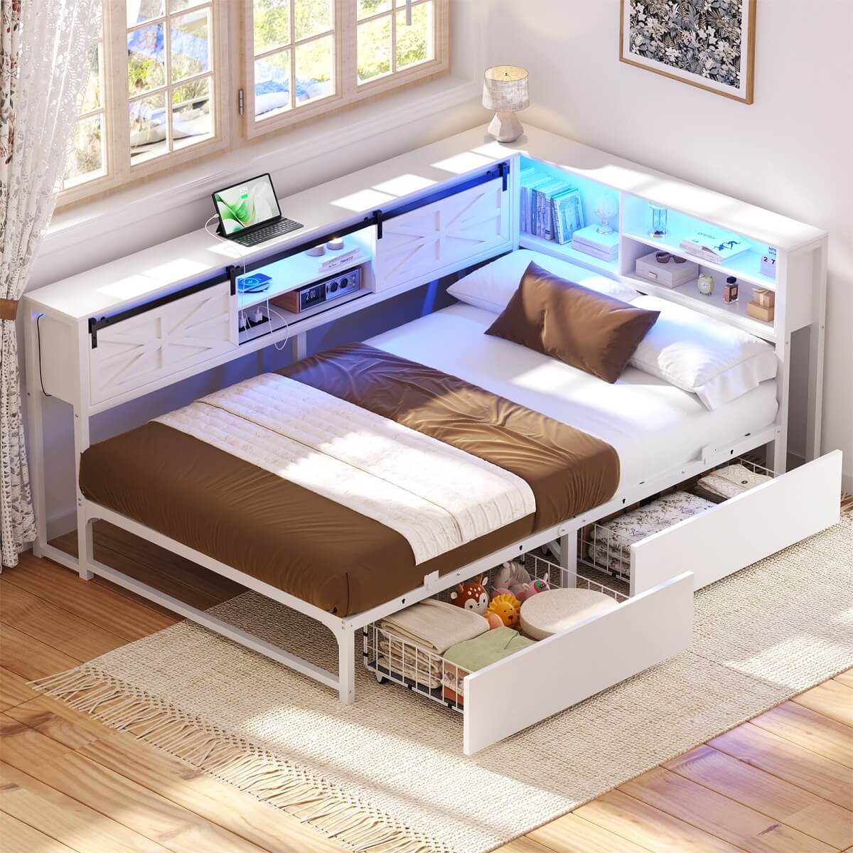 L-shaped Twin Daybed with Storage Headboard, 2 Darwers, Charging Station and LED Light
