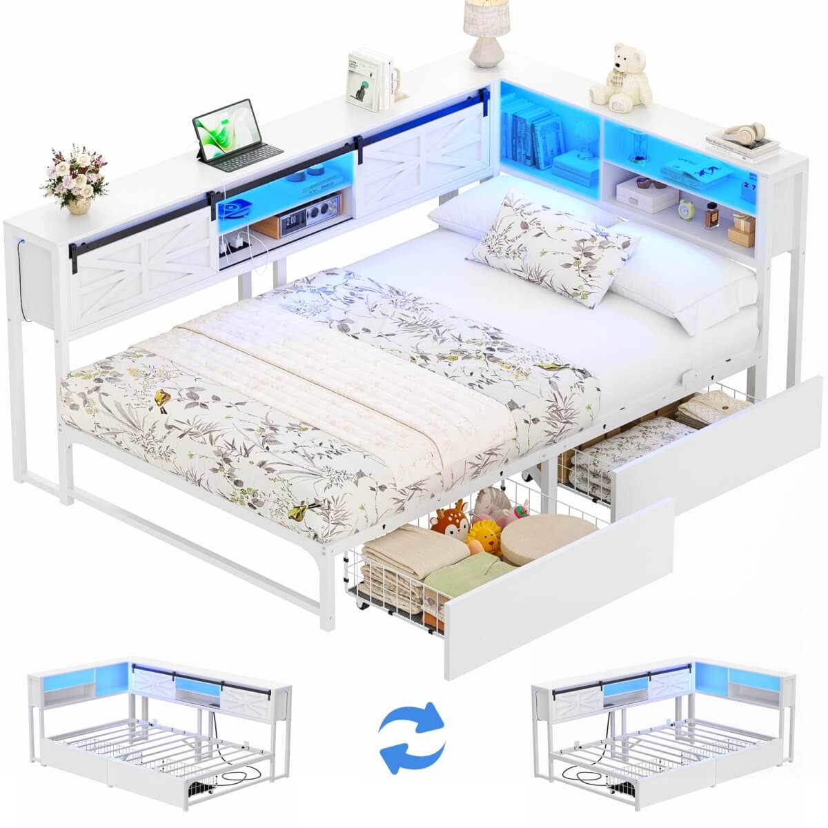 L-shaped Twin Daybed with Storage Headboard, 2 Darwers, Charging Station and LED Light