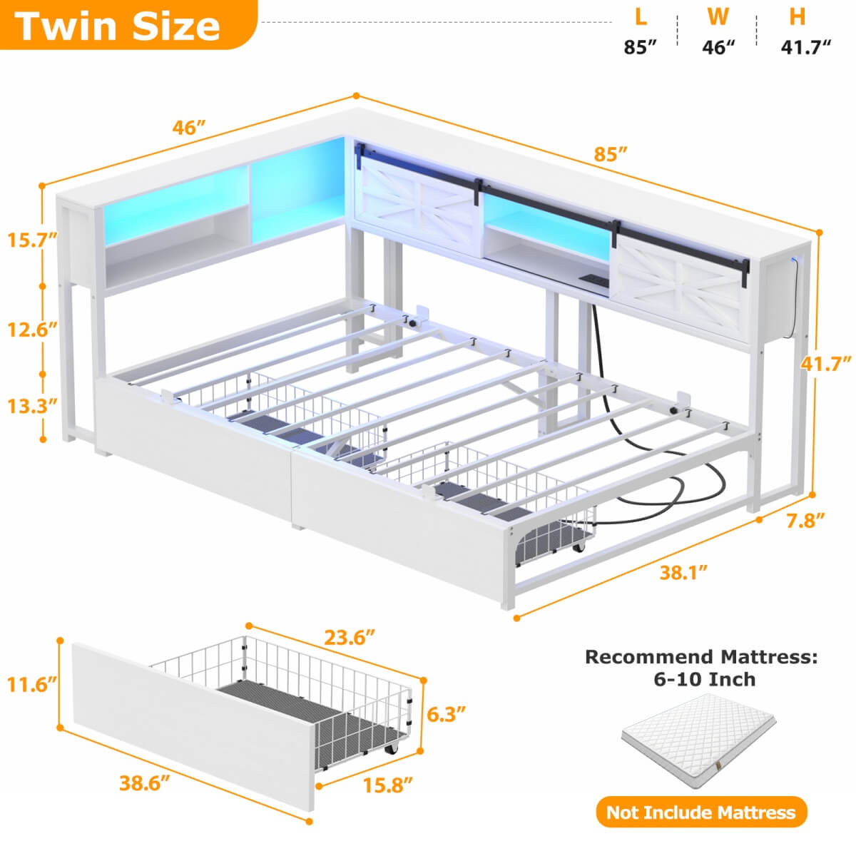L-shaped Twin Daybed with Storage Headboard, 2 Darwers, Charging Station and LED Light