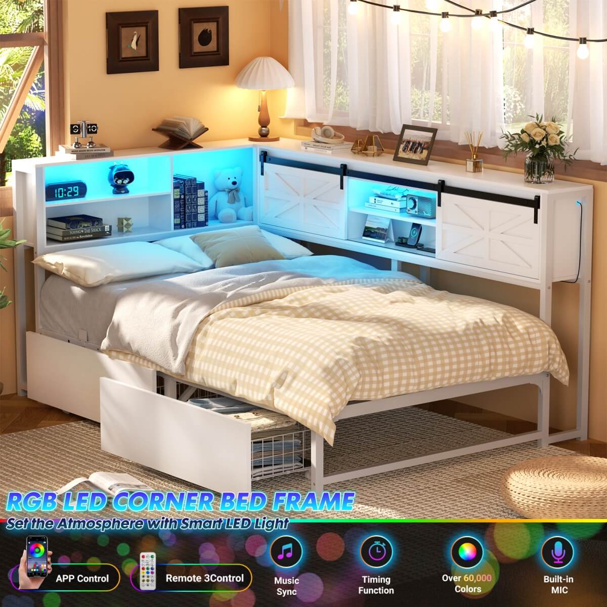 L-shaped Twin Daybed with Storage Headboard, 2 Darwers, Charging Station and LED Light