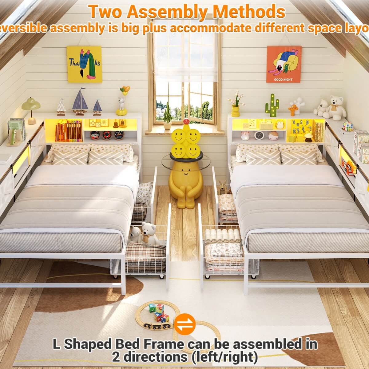 L-shaped Twin Daybed with Storage Headboard, 2 Darwers, Charging Station and LED Light