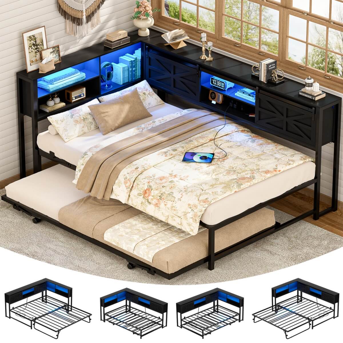 Twin Corner Daybed Frame with Trundle and Storage Headboard, Built-in Outlets and LED Light