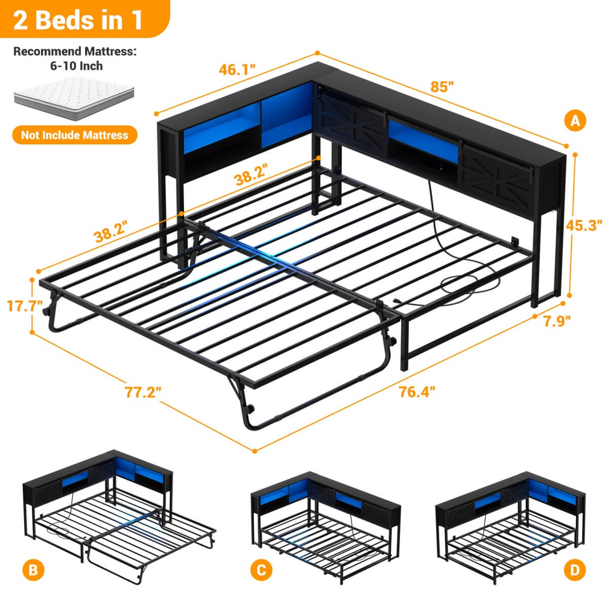 Twin Corner Daybed Frame with Trundle and Storage Headboard, Built-in Outlets and LED Light