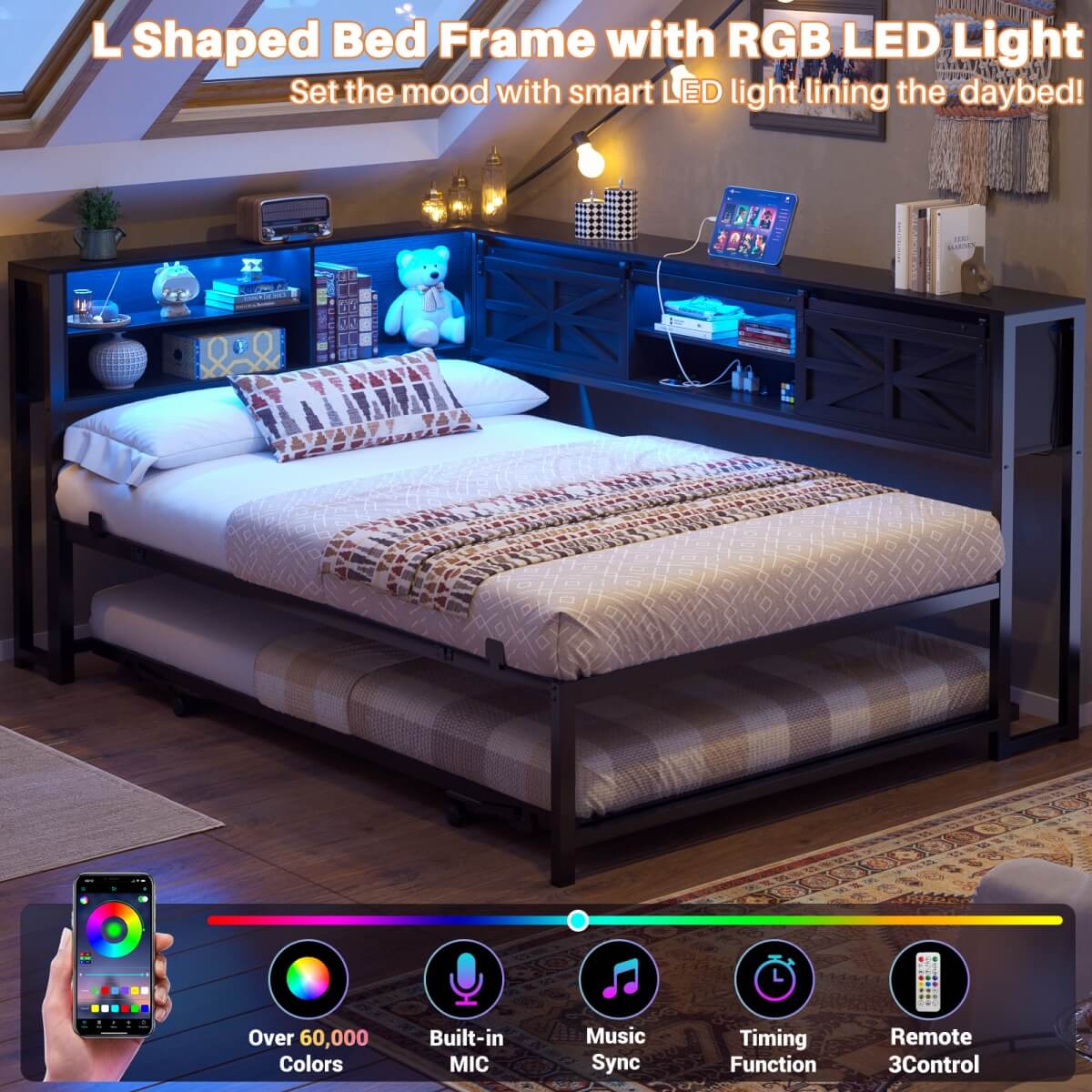 Twin Corner Daybed Frame with Trundle and Storage Headboard, Built-in Outlets and LED Light